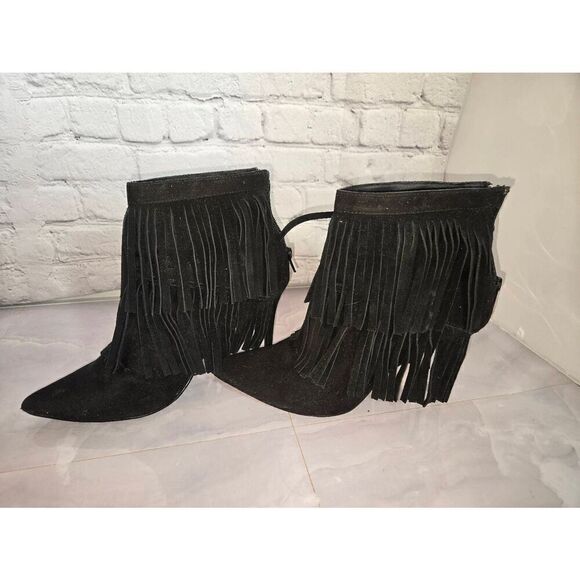 Nine West Fireball Womens Size 8M Black Fringed Bootie Heels - Picture 1 of 8